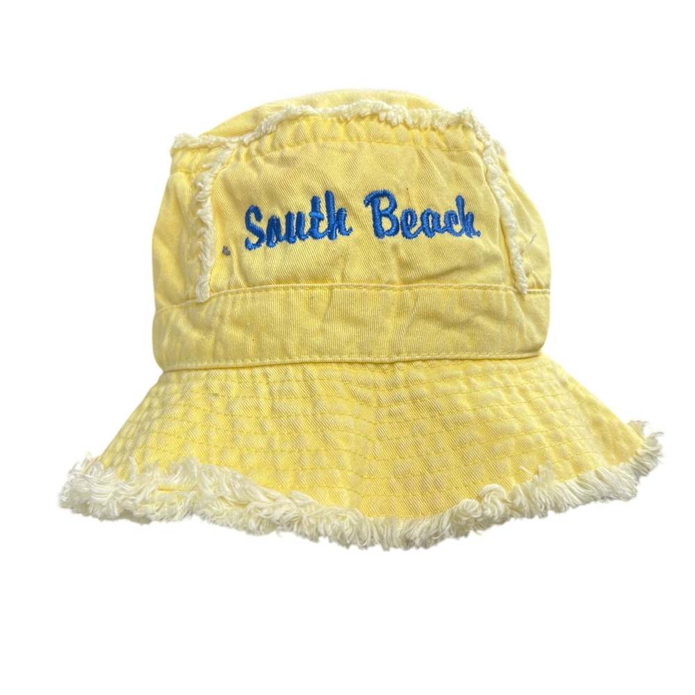 South Beach Y2K Bucket Hat Yellow Frayed Trim Embroidered Beach Vacation Coastal